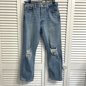 Levis Jeans Womens Wedgie Straight Medium Wash Denim Button Fly Distressed Sz 31